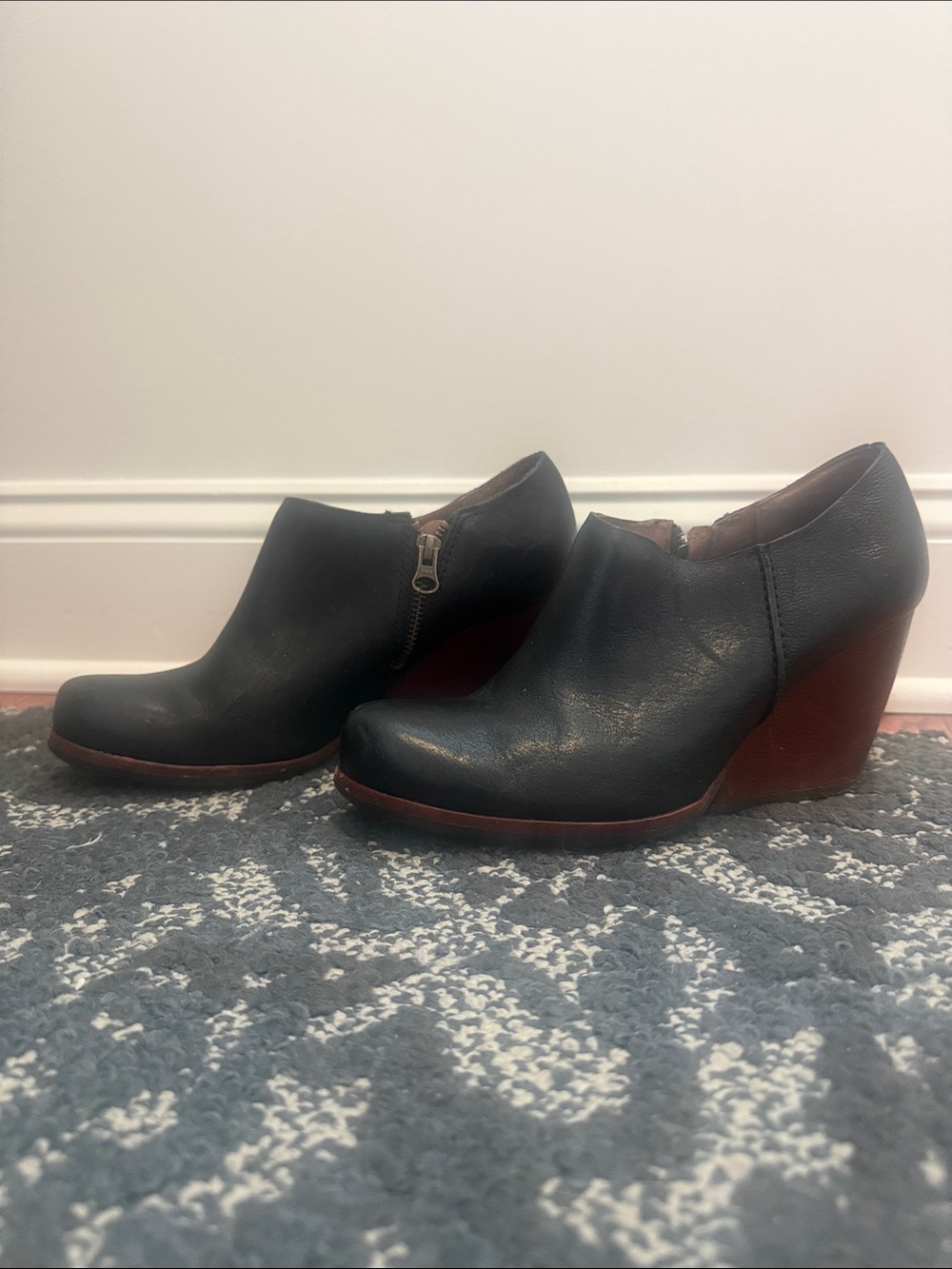 Kork-Ease Black Leather Wedge Ankle Booties with Brown Wood-Look Heel